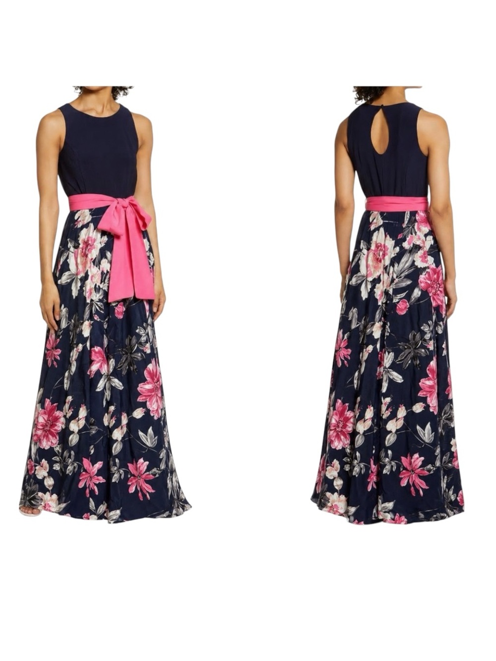 Eliza J Sleeveless Floral Twofer Maxi Dress Pink Bow Tie Waist 6 Wedding Guest